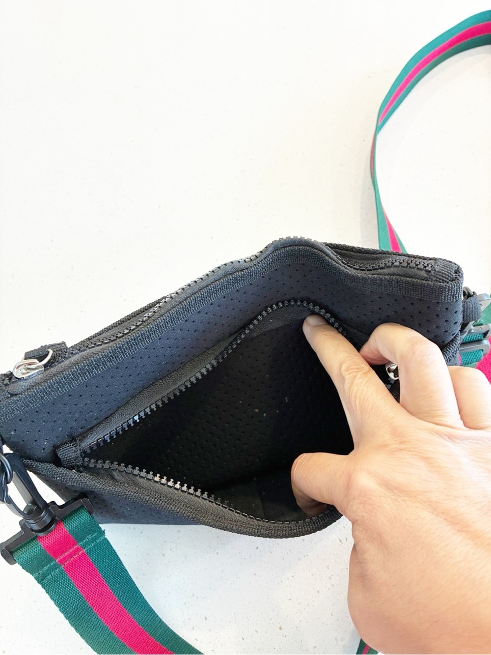 Black Crossbody Neoprene Pouch with Green and Red Stripe Adjustable Strap - Picture 7 of 15